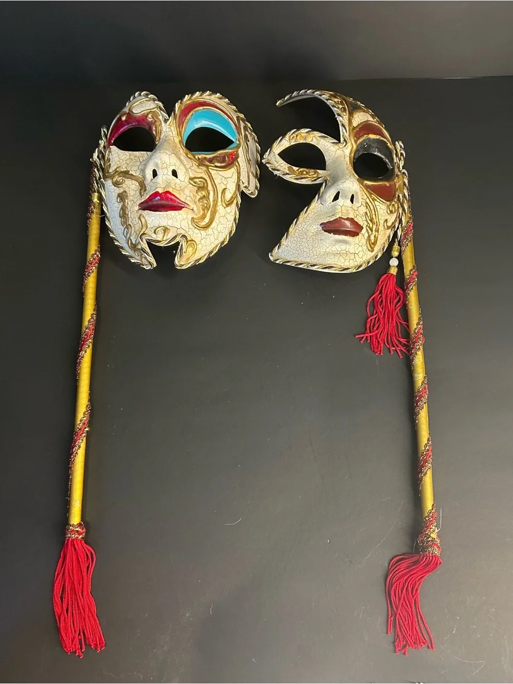 Handheld Masquerade Mask - Gold & Red Set Of 2